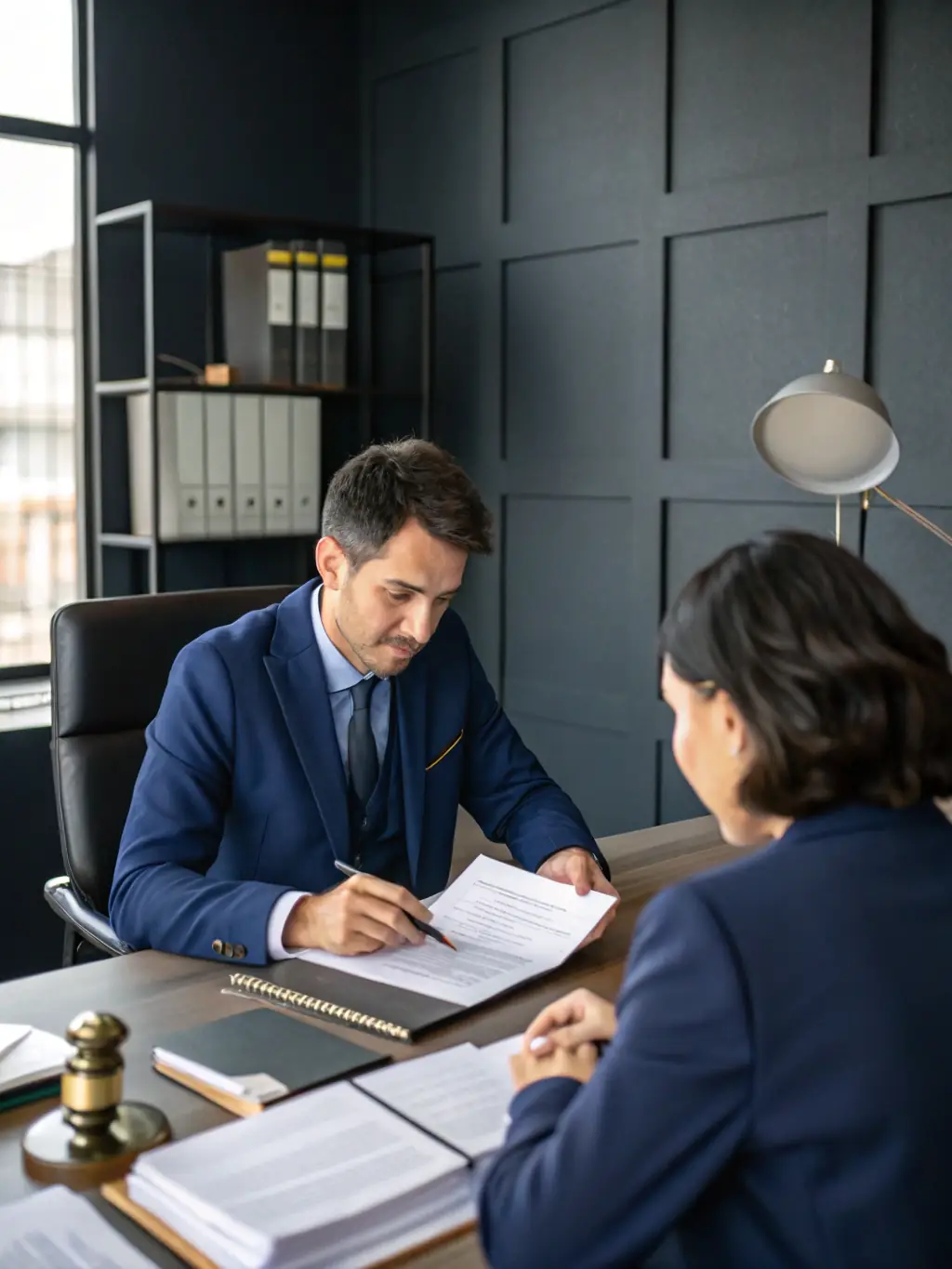 A lawyer providing counsel to a business owner in a conference room, emphasizing the firm's general counseling services.