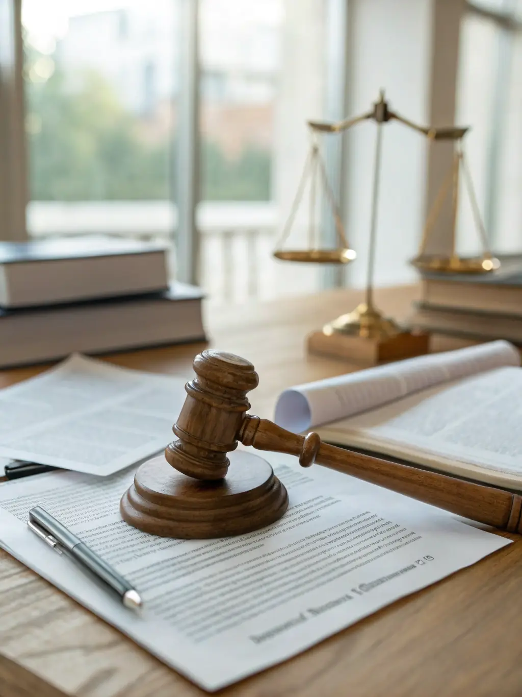 A gavel resting on a stack of legal documents, symbolizing the firm's expertise in handling business litigation cases.