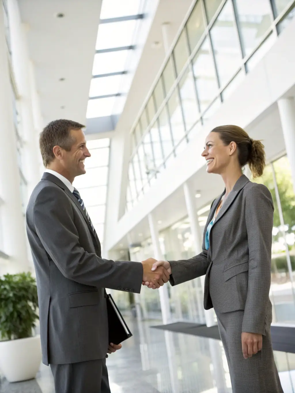 A professional lawyer in a suit shaking hands with a startup founder in a modern office, symbolizing business formation and partnership.